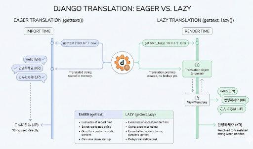 Flujo comparativo de los momentos de traducción en Django