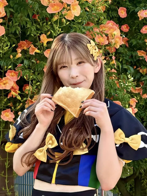 시부야 거리에서 식빵을 든 마메시바의 대군 멤버 레오나 엠파이어