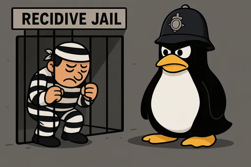 Tux가 recidive jail을 지키는 모습