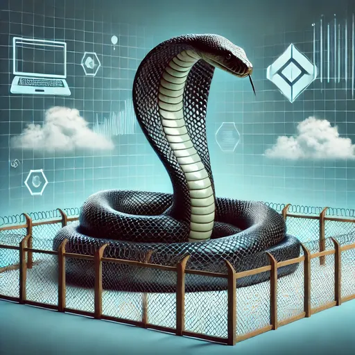 A symbolic digital cobra representing Conda environments, surrounded by a fenced grid with cloud and system icons
