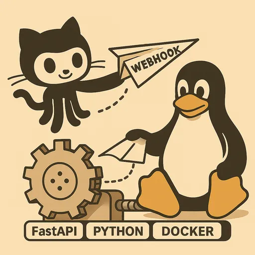La escena de un gato de GitHub lanzando un avión de papel Webhook a Tux