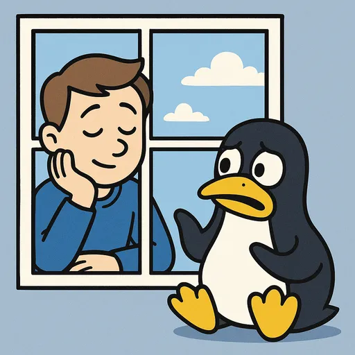 Tux confus devant le bloc Windows en hibernation