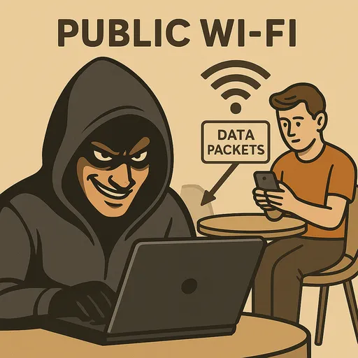 Een hacker die publieke Wi-Fi-pakketten onderschept in een café