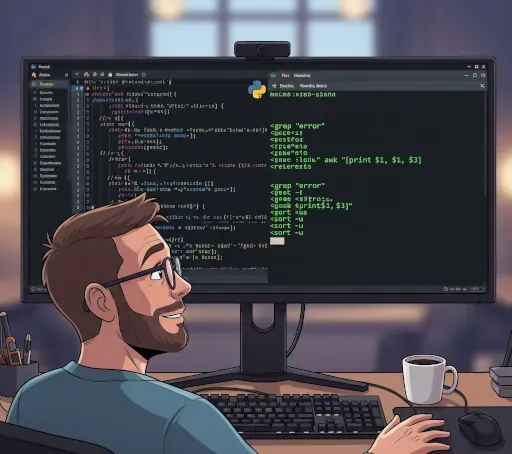 Developer illustration comparing Bash and Python