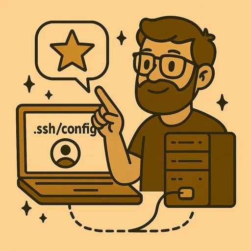 Illustration of a developer using SSH config like a bookmark
