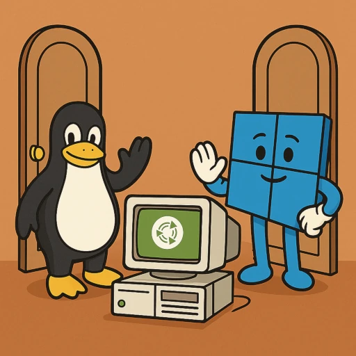 Tux and Windows guarding dual doors