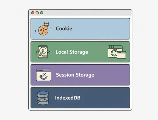 Web Browser Storage Types Diagram A conceptual diagram illustrating different types of web browser storage: Cookie, Local Storage, Session Storage, and IndexedDB, each with symbolic icons representing their characteristics within a stylized browser window.